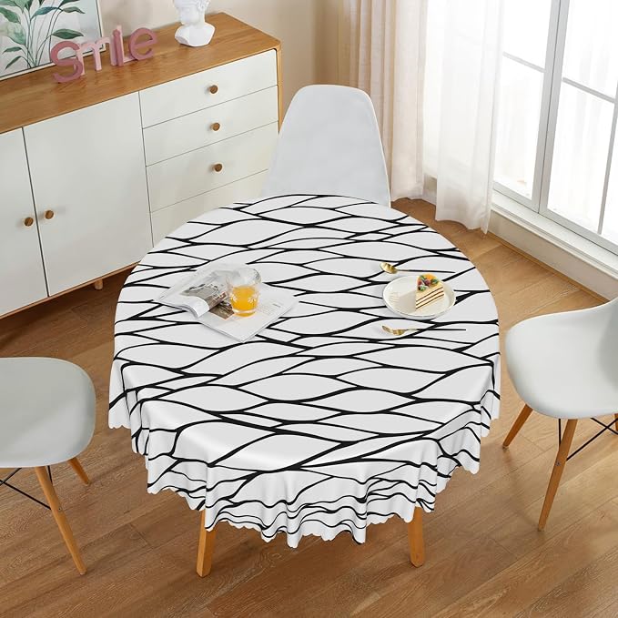 Black and White Geometric Waterproof Round Tablecloth 60x60 Inch Abstract Irregular Stripes Circle Tablecloths Dining Table Cloth Buffet Parties Patio Camping Chic Decoration for Home Kitchen