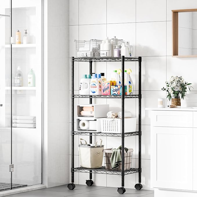 DUMOS 4-Tier Metal Storage Shelves, Wire Shelving, 23.2" W | Lockable Wheels, Adjustable Standing, Heavy Duty Steel Unit, Kitchen Bathroom Pantry Garage Organizers, 47.1"H