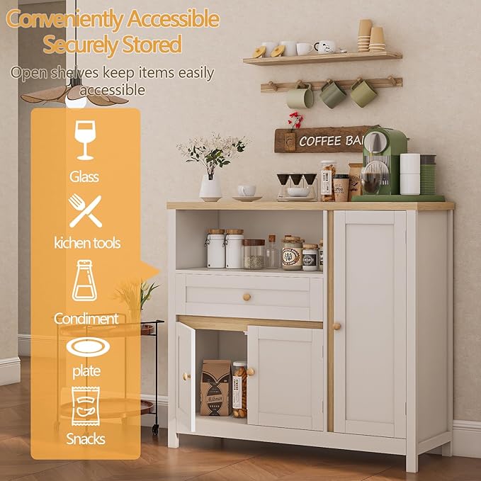 Viaozutis Coffee Bar Cabinet with Doors and Drawer, 35.4" Kitchen Storage Cabinet with Adjustable Shelf, Freestanding Buffet Sideboard for Dining Room, Bathroom, Entryway, White