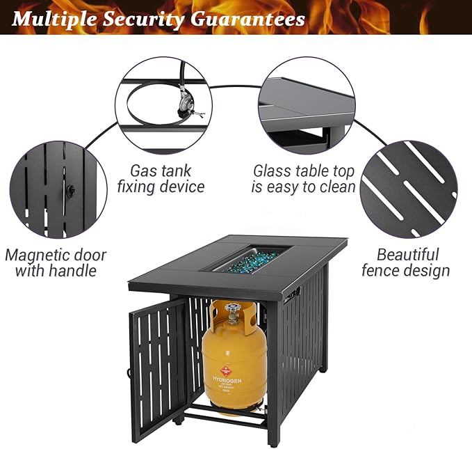 Greesum 43 Inch Outdoor Gas Fire Pit Table, 50,000 BTU Steel Propane Firepit with Wind Guard and Blue Glass Rock, Add Warmth and Ambience to Parties On Patio Garden Backyard, Black