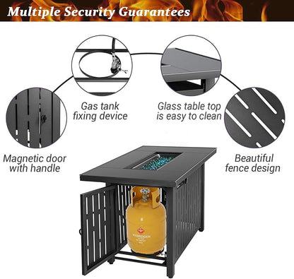 Greesum 43 Inch Outdoor Gas Fire Pit Table, 50,000 BTU Steel Propane Firepit with Wind Guard and Blue Glass Rock, Add Warmth and Ambience to Parties On Patio Garden Backyard, Black