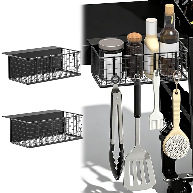 2PACK Magnetic Grill Caddy for Grills, Space Saving Outdoor Griddle Accessories Organizer, BBQ Storage Box for Weber Grill, Traeger Smoker, and Blackstone Griddle