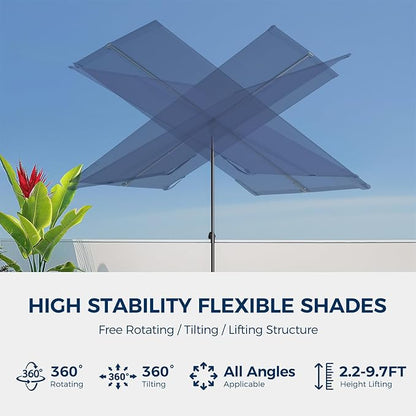 HOMSHADE 6x4ft Outdoor Balcony Umbrella - Flat Porch Pool Patio Umbrella Rectangular Canopy Shade UPF50+ UV Protection 360° Rotating & Tilting All Angles Applicable (Navy Blue, No Base)
