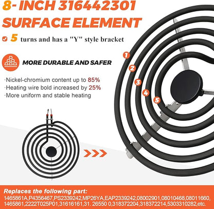 316442301 MP26YA Electric Burner Replacement (8''Coil Range Cooktop Stove,5 Turns) by Beaquicy - Surface Burner Heating Element 2600W fits for Whirlpool, Frigidaire, Kenmore 3192224 AP4356467 FEP310BW