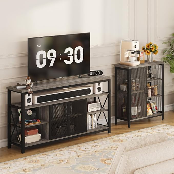 Liquor Cabinet Bar for Home, Coffee Storage Cabinet | Adjustable Shelves, Small Wood Sideboard Buffet Station Cabinets with Door, for Kitchen/ Dining/ Entryway, Dark Grey Oak, 36"