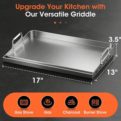 EUTRKei 17"x13" Stainless Steel Griddle for Gas Grill, Plancha Para Cocinar | Reinforced Flat Top with Grease Groove, Effortless Cleanup for Backyard BBQ, Tailgating, Camping & Family Parties