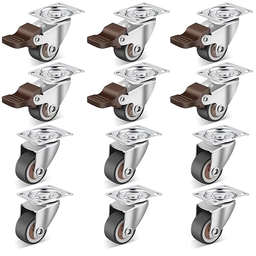 Nefish 1 Inch Small Casters Set of 12, Low Profile Soft Rubber Casters Wheels for Furniture, 360 Degree Swivel Plate Castors, Flexibly Light Duty Castor Wheels for Cabinet, Boxes, Trash, DIY
