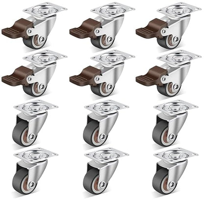 Nefish 1 Inch Small Casters Set of 12, Low Profile Soft Rubber Casters Wheels for Furniture, 360 Degree Swivel Plate Castors, Flexibly Light Duty Castor Wheels for Cabinet, Boxes, Trash, DIY