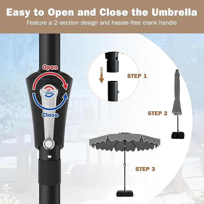 Tangkula 9 FT Patio Umbrella with Base Included, 2-Tiers Outdoor Scalloped Table Umbrella with 2 Sandbags, Tilt Adjustment, Crank, 8 Ribs for Market Backyard Pool Deck Beach Lawn