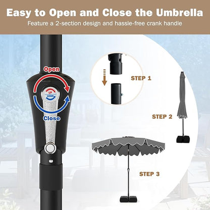 Tangkula 9 FT Patio Umbrella with Base Included, 2-Tiers Outdoor Scalloped Table Umbrella with 2 Sandbags, Tilt Adjustment, Crank, 8 Ribs for Market Backyard Pool Deck Beach Lawn