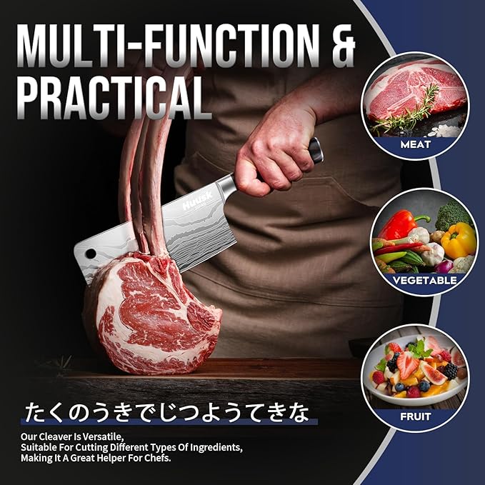 Huusk Meat Cleaver Knife 7 inch, Japanese Butcher Knife for Meat and Vegetable Cutting, Chopping Knives with Ergonomic Handle for Kitchen and Camping, Gift for Men and Women