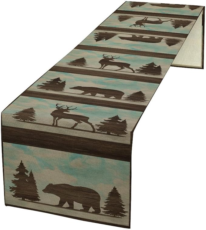 Vintage Bear Deer Table Runner Retro Forest Animal Western Wildlife Fall Winter Wild Elk Moose Tree Dresser for Home Kitchen Dining Patio Holiday Party Table Decorations, 13"x70" Inch