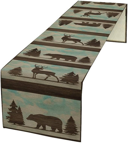 Vintage Bear Deer Table Runner Retro Forest Animal Western Wildlife Fall Winter Wild Elk Moose Tree Dresser for Home Kitchen Dining Patio Holiday Party Table Decorations, 13"x70" Inch