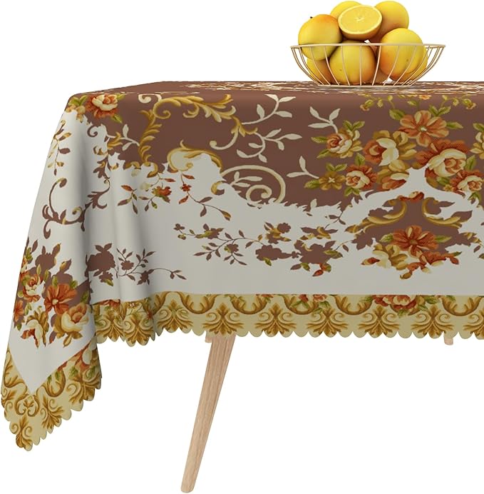 French Floral Square Tablecloth Brown Flowers Tablecloths Vintage Luxury Classic Design Waterproof Square Polyester Resistant Table Cover for Picnic Dinner Decor 60x60 Inch