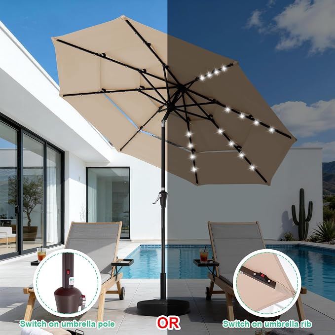JEAREY 9 ft 3-Tier Outdoor LED Lighted Patio Umbrella w/Crank, Beige | Solar Market Table Umbrella with 8 Sturdy Ribs, UV Protection Waterproof Sunproof for Garden, Deck and Backyard