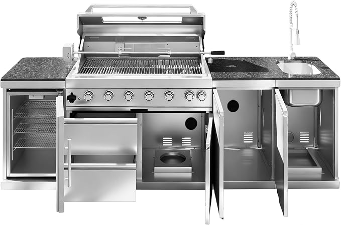 104" Modular Outdoor Kitchen Island With Grill And Side Burner, 4-burner 72,000 Btu Propane Bbq Island, Refrigerator, Separate Sink & Prep Station, For LP-Silver 85000BTU/101 Inch