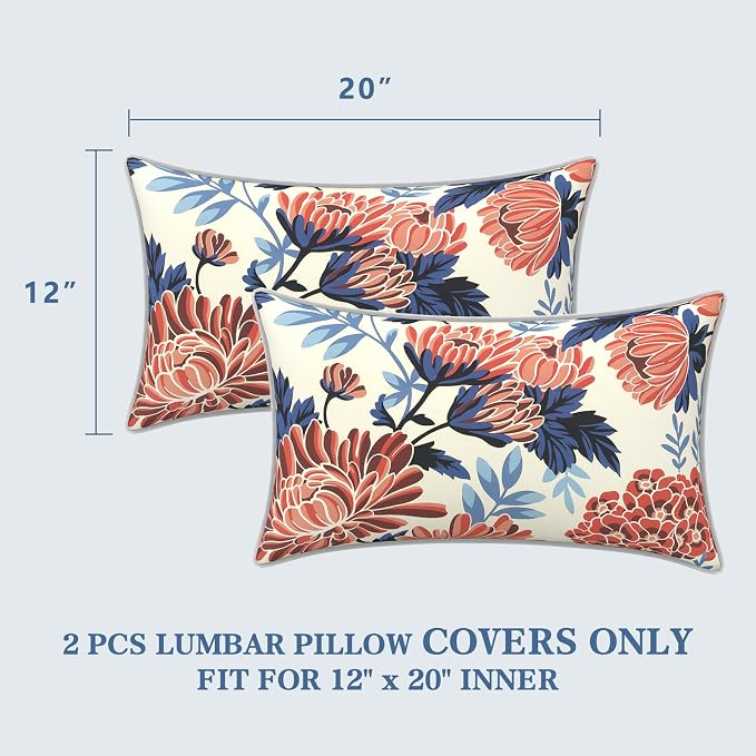 LVTXIII 2 Pack Outdoor Lumbar Pillow Covers 12x20 Inch with Piping, Water-Repellent Back Cushion Covers ONLY for Patio Furniture, Sofa, Garden Bench, Vibrant Blossom