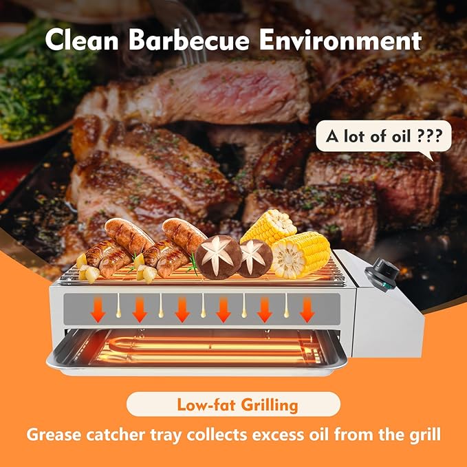 Countertop Electric BBQ Grill, 1800W Commercial Electric BBQ Grill Outdoor with Adjustable Temperature Range Practical Tray and Portable Commercial Non-Stick Barbecue Griddle Rack for Domestic Party