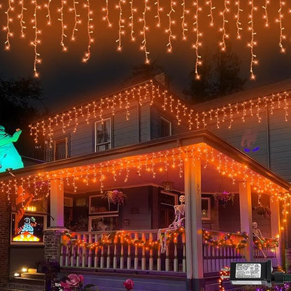 QITONG Orange Lights for Halloween, 99ft 1200 LED Icicle Lights for Outside Plug in, Clear Wire String Light Indoor with 8 Modes for Thanksgiving Fall Décor