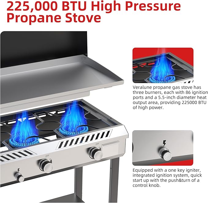 Veralune 2 in 1 Flat Top Gas Grill with Lid, Propane Gas Griddle, Outdoor Griddle Grill, Folding Side Shelves, Push-Button Ignition, Large Cooking Area