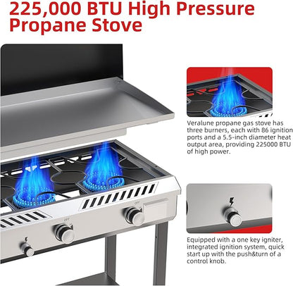 Veralune 2 in 1 Flat Top Gas Grill with Lid, Propane Gas Griddle, Outdoor Griddle Grill, Folding Side Shelves, Push-Button Ignition, Large Cooking Area