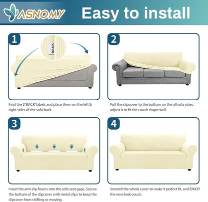 Asnomy Stretch Couch Covers Washable, loveseat Covers Slipcovers,Off-White | 1-Piece Sofa Cover(55"-78") loveseat cover Furniture Protector Soft Jacquard,Non-Slip Elastic Bottom for Dogs & Kids