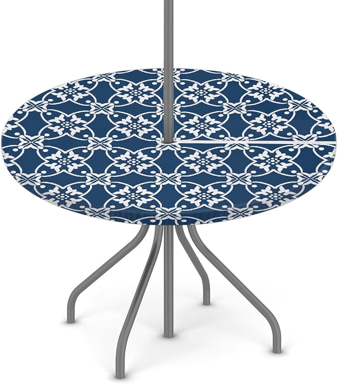 Navy Blue Mandala Outdoor Round Fitted Tablecloth with Umbrella Hole and Zipper, 45"-56" Elastic Patio Table Cloth Oil-Proof Waterproof Patio Table Cover for Picnic Party Camping
