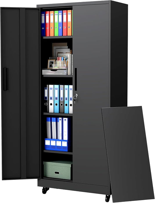73" H Metal Cabinet with Wheels, Lockable Storage Cabinet, Black | Cabinets with 2 Doors and 4 Adjustable Shelves, Steel Garage Storage Cabinets for Workshop Home Office, 73"H x 16"D x 32"W