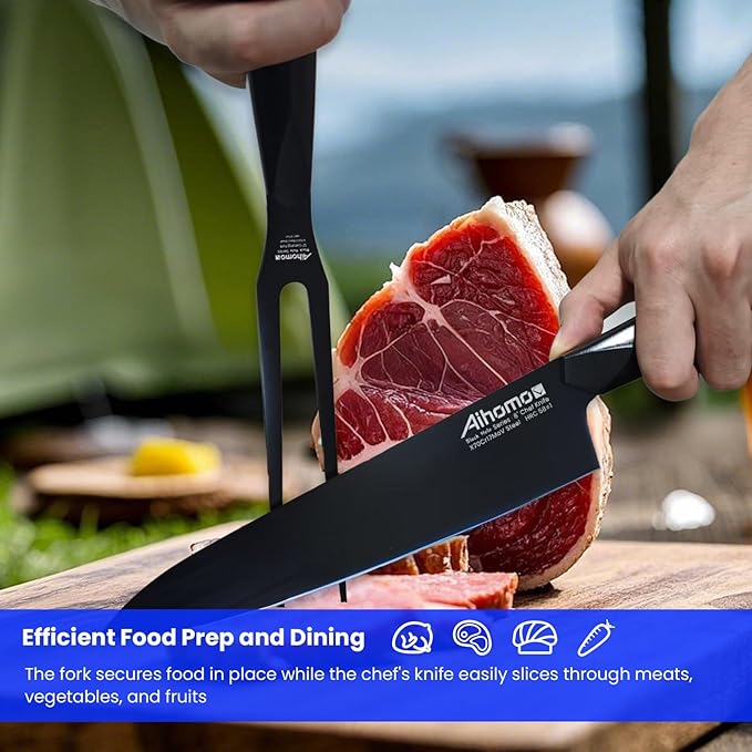 Razor-Sharp Carving Knife & Fork Set, BBQ Essential Chef Knife & Carving Fork Full Tang Design, Professional Knives and Fork for Grilling, Ideal Gift Box for Chefs