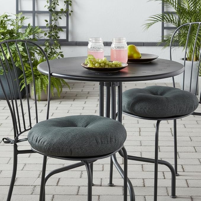 15 x 15 Round Bistro Chair Cushion, Reversible Patio Seat Cushion with Attached Ties, Polyester Fabric, Recycled Polyfiber Fill, Set of 2 - Carbon