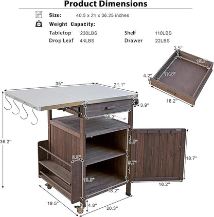 YOPTO 40.5" Outdoor Grill Cart,100% Fir Wood,Stainless Steel Top,Drop Leaf,Lockable Wheels,Towel Rack,Drawer,Rolling Kitchen Cart for Lawn & Garden,Brown