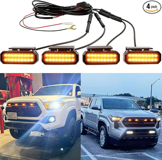 DREAMOTOR 4PCS LED Grille Lights Universal Clip-On Front Amber Grill Lights | with Wiring Harness & Fuse, Compatible With Dodge Ram 1500 Ford F150 GMC Sierra 1500 Chevy Silverado Raptor Toyota