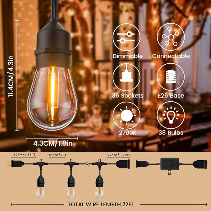 72ft Outdoor String Lights with Remote & Dimmer,36+2 Commercial Grade IP65 Waterproof Bulbs, 2700K Warm White,3 Lighting Modes & Timer,Includes 40 Cable Ties for Patio,Garden, Party