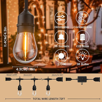 72ft Outdoor String Lights with Remote & Dimmer,36+2 Commercial Grade IP65 Waterproof Bulbs, 2700K Warm White,3 Lighting Modes & Timer,Includes 40 Cable Ties for Patio,Garden, Party