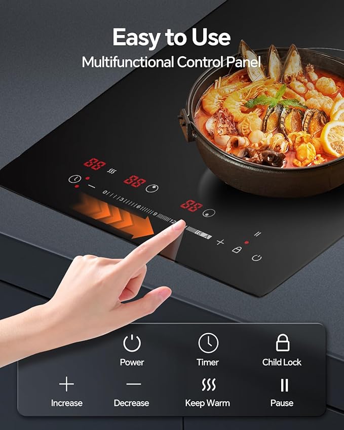 Ranein GEN II 12 Inch 2 Burner Electric Cooktop, Max 3000W 240V Ceramic Panel Built-in Electric Stove Top, with Child Safety Lock, Timer, Over-Temperature Protection