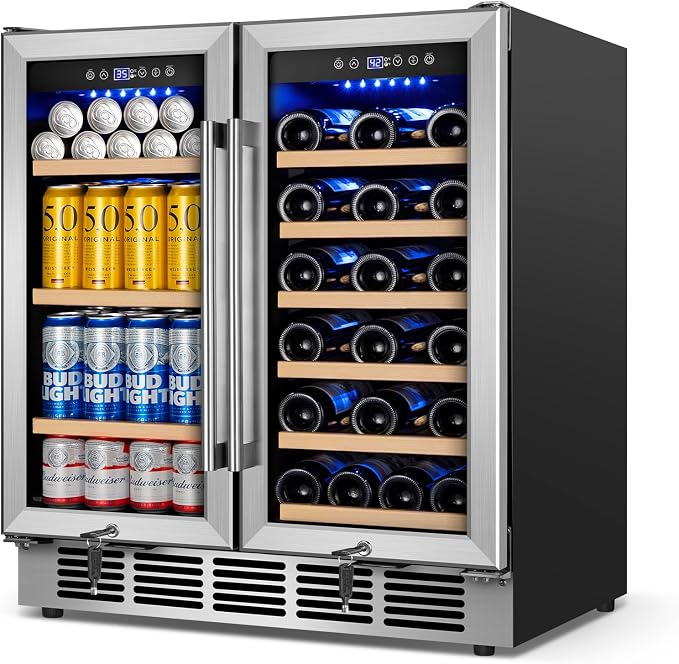 30" Dual Zone Wine and Beverage Refrigerator, Under Counter or Freestanding | 29-Bottle 110-Can capacity, Fast cooling, Ideal for home bar office, Adjustable shelves, Temperature memory, LED display