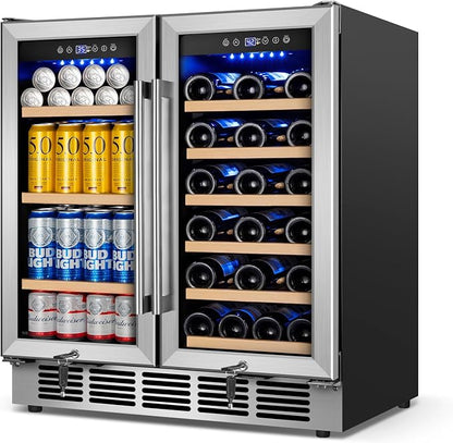 30" Dual Zone Wine and Beverage Refrigerator, Under Counter or Freestanding | 29-Bottle 110-Can capacity, Fast cooling, Ideal for home bar office, Adjustable shelves, Temperature memory, LED display