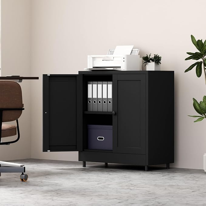 Metal Storage Cabinet with 2 Doors and Adjustable Shelf, Steel Sideboard Buffet Cabinet for Home Office Hallway Entryway Kitchen Living Dining Room (Black)