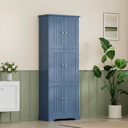 ChooChoo 63.2" Tall Bathroom Storage Cabinet with 6 Doors | Freestanding Floor Cabinet, Adjustable Shelves, Pantry Cabinet for Bathroom, Kitchen, Laundry Room, Blue