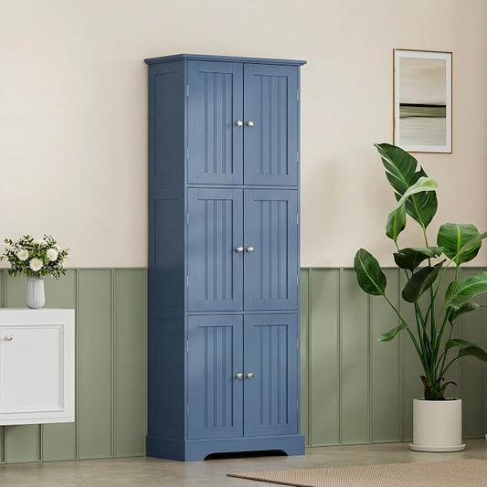 ChooChoo 63.2" Tall Bathroom Storage Cabinet with 6 Doors | Freestanding Floor Cabinet, Adjustable Shelves, Pantry Cabinet for Bathroom, Kitchen, Laundry Room, Blue