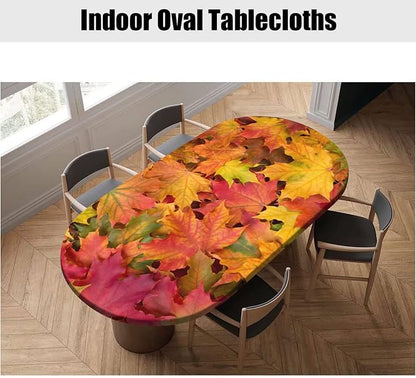 Autumn Oval Maple Leavs Fitted Table Covers, Fall Orange Yellow Leafs Pattern Print Oblong Tablecloths, Fits to 42x60 In Tables, Elastic Edged Table Cloth for Thanksgiving Day Outdoor Party and Patio