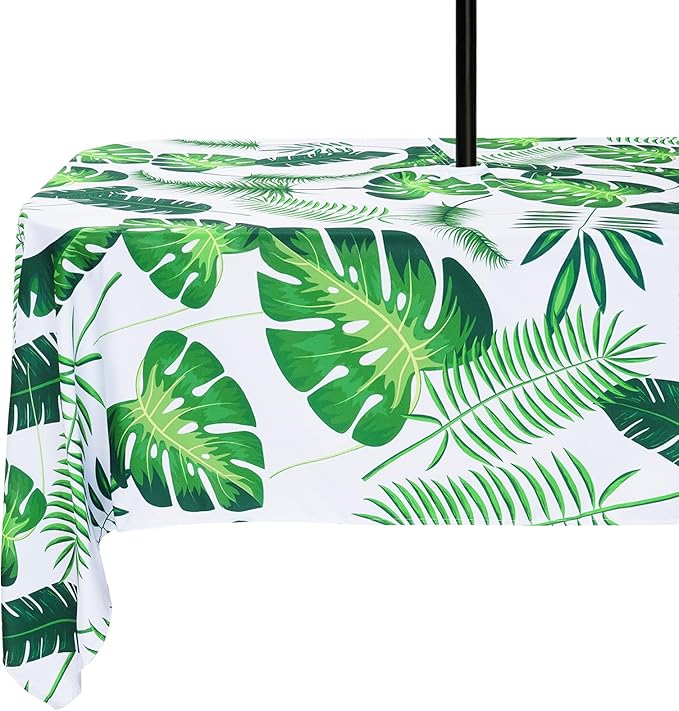 Poise3EHome Outdoor Tablecloth Rectangle with Umbrella Hole Waterproof Tropical Green Tablecloth for Spring Picnic Party Camping Patio Table, Palm Leaf (60X104 Zipper)