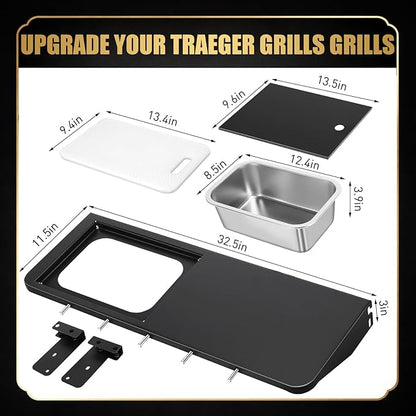 QuliMetal Folding Front Shelf for Traeger Pro 780 and Ironwood 885, Heavy-Duty Grill Prep Table with Cutting Board, Stainless Steel Basin, Lid and 5 Hooks, 32.5" x 11.5" Pellet Grill Shelf Accessory