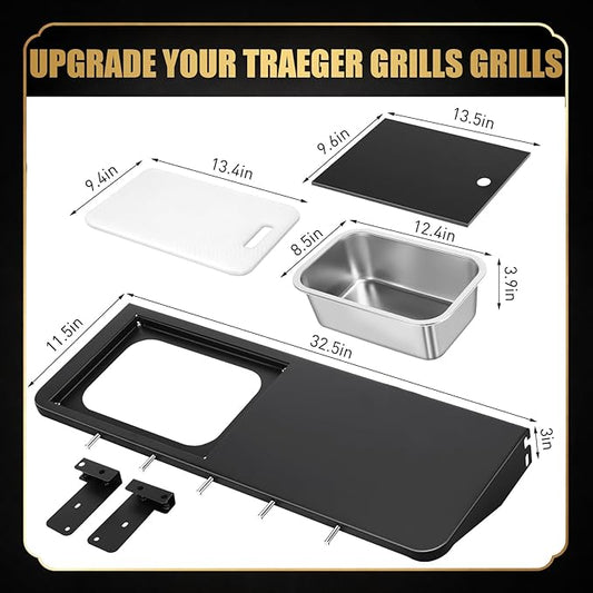 QuliMetal Folding Front Shelf for Traeger Pro 780 and Ironwood 885, Heavy-Duty Grill Prep Table with Cutting Board, Stainless Steel Basin, Lid and 5 Hooks, 32.5" x 11.5" Pellet Grill Shelf Accessory