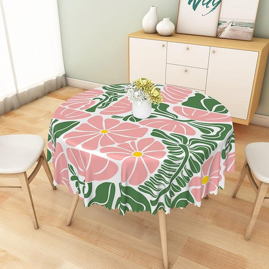 Green Pink Abstract Flowers Round Tablecloth Seasonal Paisley Circle Table Cloth Perfect for Spring Home Decor Indoor Outdoor Washable Wrinkle Free Table Cover for Picnic Camping 60x60 Inch