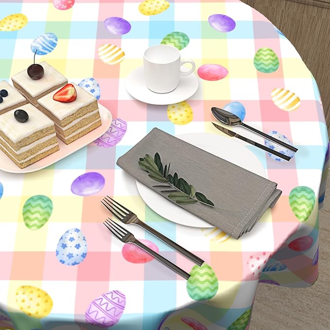 Sweetshow Easter Colorful Eggs Table Cloth Round Buffalo Check Plaid Tablecloth 60 Inch Decor Washable Stain and Wrinkle Spring Round Table Cover for Dining Picnic