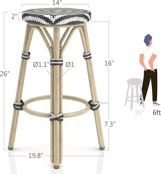 Seadrift Boho 26-inch Aluminum and All-Weather Wicker Barstools with Footrest, Patio Stools & Bar Chairs for Outdoor, Kitchen Counter, Poolside, Yard, Set of 2, Dark Brown and Beige