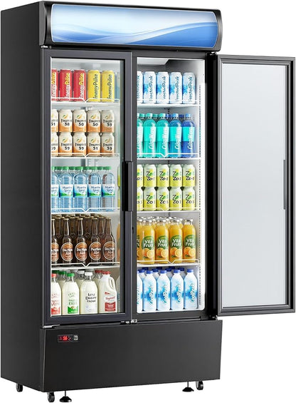 21 Cu.Ft Commercial Display Refrigerator with Double Glass Doors | LED Lightbox, 8 Adjustable Shelves, 32-50°F Digital Control, R290 Air Cooling, ETL Certified, Retail Store Use