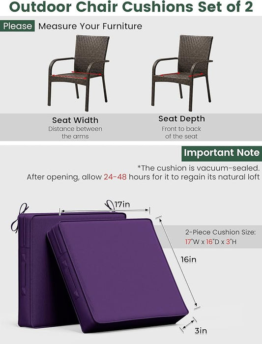 Outdoor Chair Cushion 17 x 16 x 3 Inches Patio Furniture Outdoor Waterproof Seat Cushion, Patio Chair Cushion with Handles and Ties, Square Dining Chair Cushion Set of 2, Purple