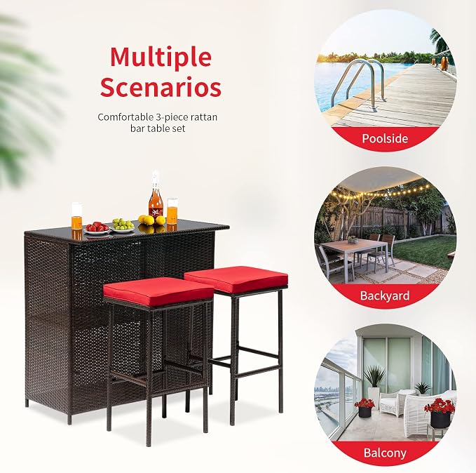 Outdoor Furniture Set Wicker Bistro Set 3PCS Patio Bar Set with Two Stools for Patio Backyard Balcony,Red Cushion